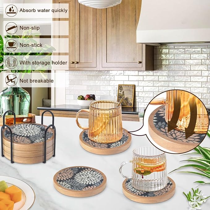 Wood Coasters Set of 6 with Holder, Cewiru Cup Mat