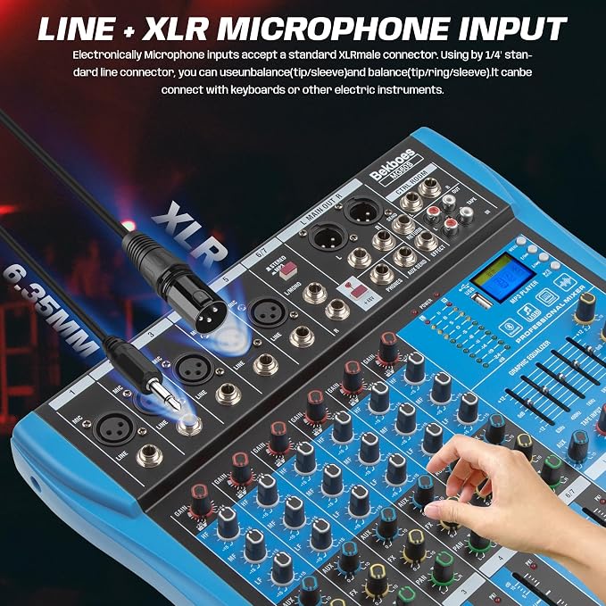 Professional Audio Mixer, 6 Channel, Input 48V Phantom Power Stereo Digital USB