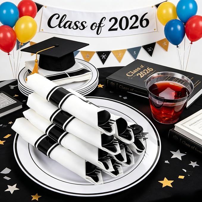 WELLIFE 210Pcs Black Plastic Dinnerware