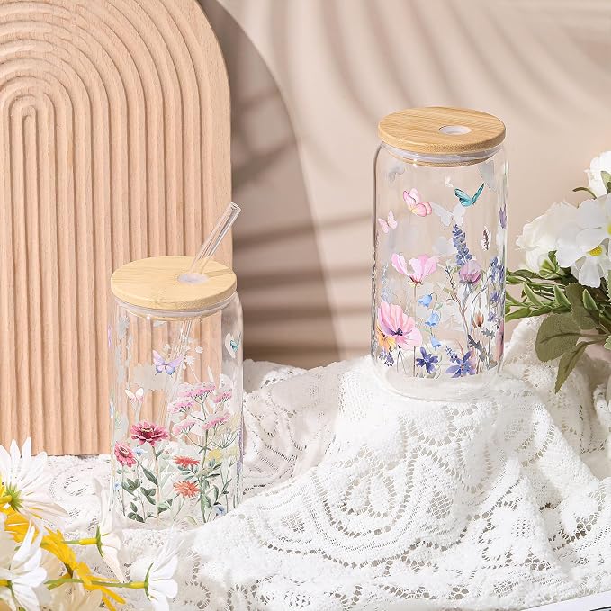 Mumufy 2 Pack Wildflower Glass Cups Gift Aesthetic Cute Glass Cup Tumbler