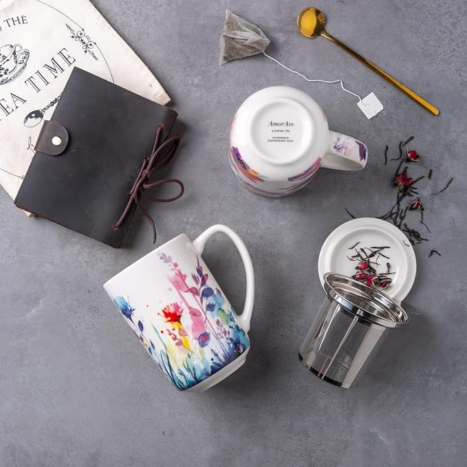 AmorArc Tea Cup With Infuser and Lid, 18oz Loose Leaf Tea Mug With Steeper |