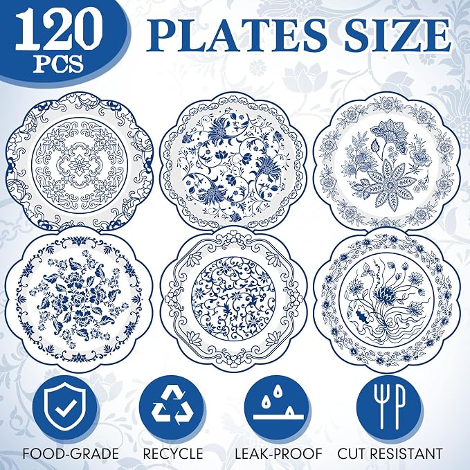 120 Pcs Blue Floral Party Plates 7 Inch Vintage Disposable Paper Plates Blue