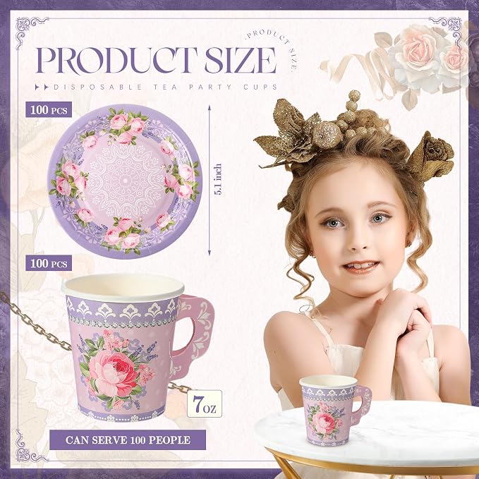 Nuogo 200 Pcs Floral Paper Tea Cups and Saucers 7 oz Disposable Paper Teacups