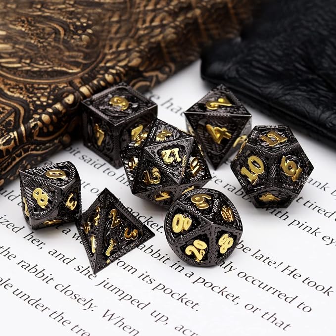 Haxtec Metal DND Dice Set Black Gold Metal D&D Dice