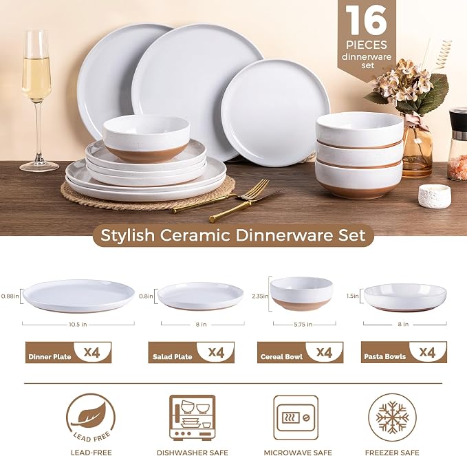 AmorArc Dinnerware Sets for 4, 16 Pieces Ceramic Plates and Bowls Set | Scratch