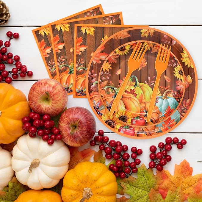 96 Pieces Thanksgiving Pumpkin Tableware Set Party Supplies