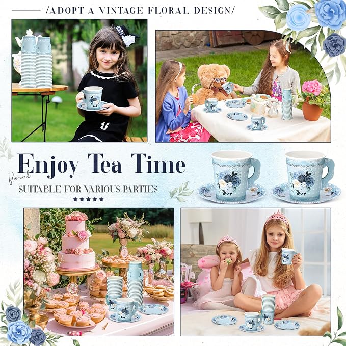 Nuogo 200 Pcs Floral Paper Tea Cups and Saucers 7 oz Disposable Paper Teacups
