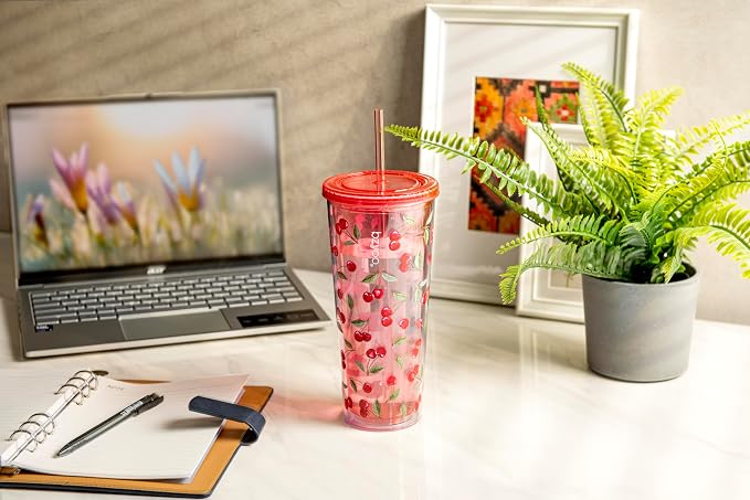 bzyoo 24oz Plastic Tumbler Cup, Lid & Straw, Iced Coffee Cherry Splash | Double