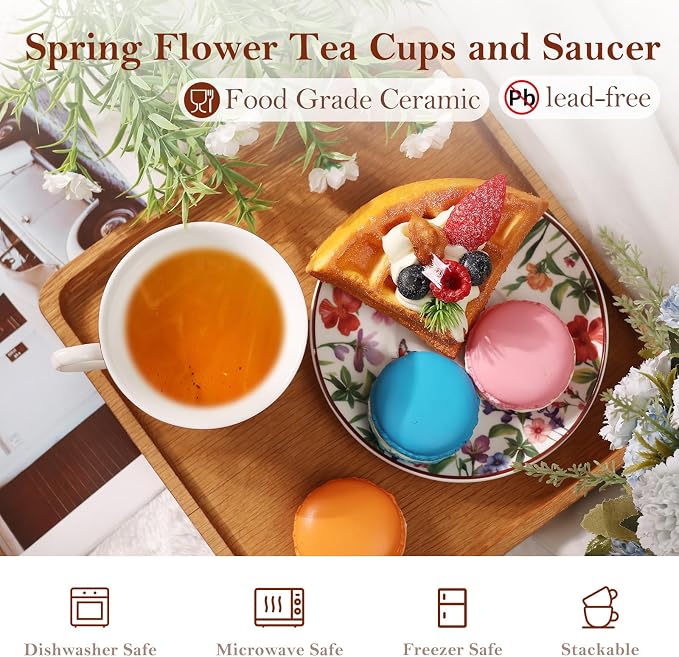 Tea Cups and Saucers, 8 OZ Wildflower Porcelain Tea Cup