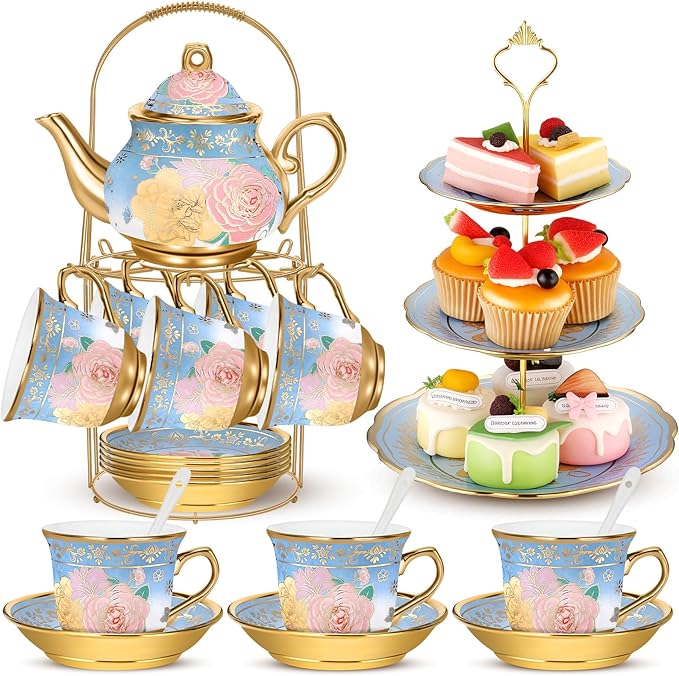21 Pcs Ceramic Teapot Set Vintage Porcelain Tea Cups