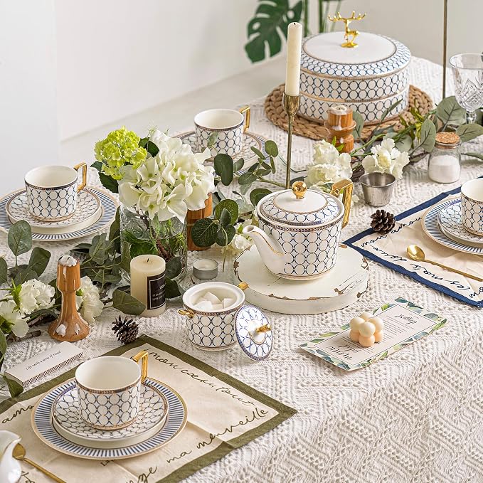 CwlwGO- Bone China Tea Cup Sets, 15-Pieces Tea Cup and Saucer Set Service