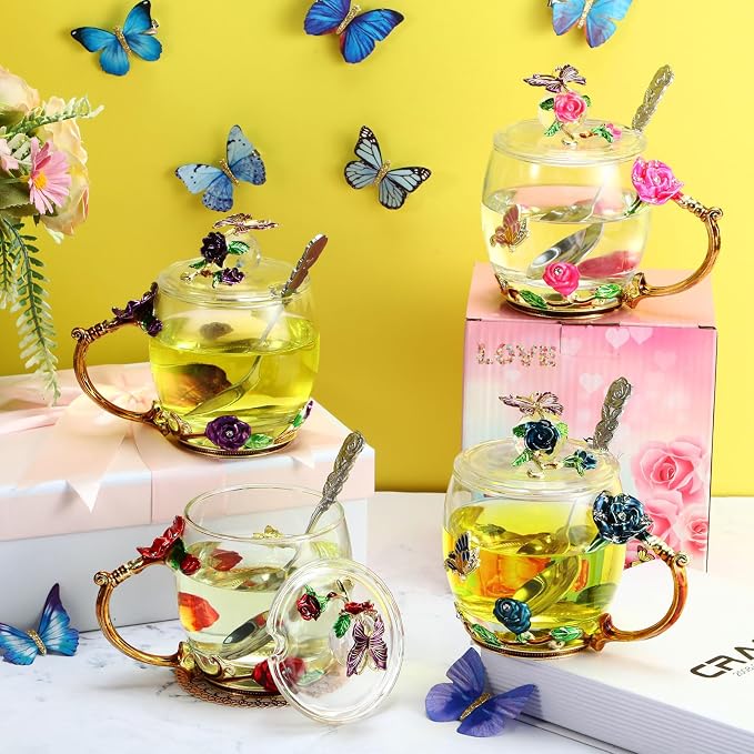 Nuanchu 4 Sets Flower Glass Tea Cups