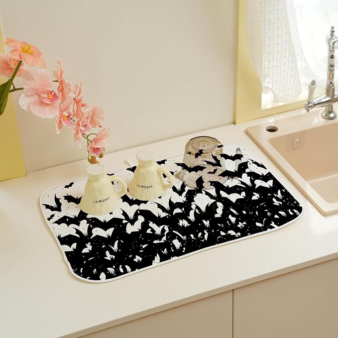 Halloween Bats Dish Drying Mat for Kitchen Counter 18x24 Inch Polka Dots Dish
