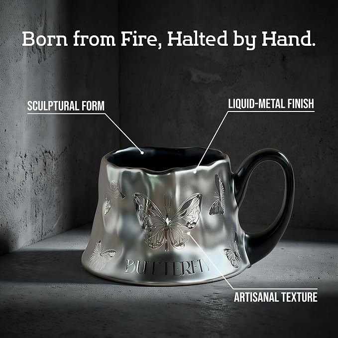 Volcanic Ash Titanium Finish Coffee Mug and Saucer Set | Modern Sculptural