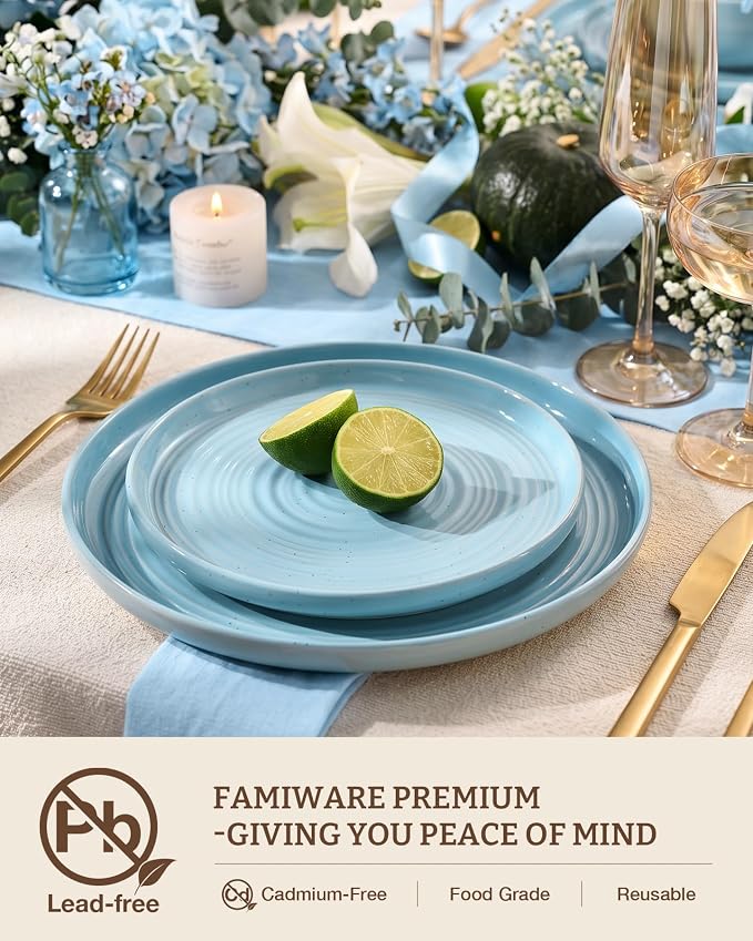 Dinnerware Set for 4, Ceramic Plates and Bowls, Ice Blue | 12 pcs Speckled