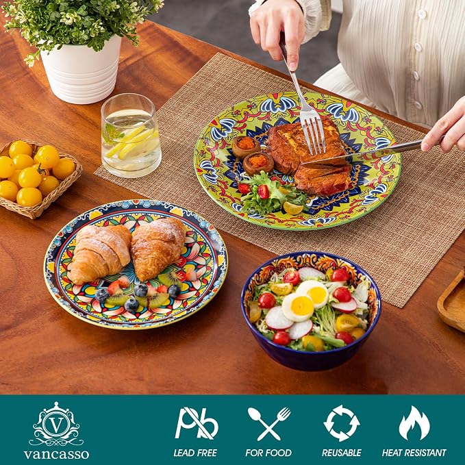 vancasso 18 Pieces Plates and Bowls Set, Bohemian Style Dinnerware Sets Service