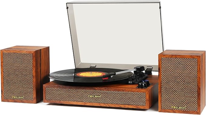 Vinyl Record Player with External Speakers, 3 Speed Bluetooth Turntable