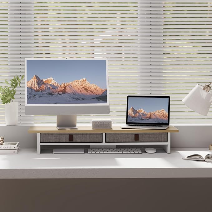 Fenge Monitor Stand with Drawer, 2 Tiers Dual Monitor Riser