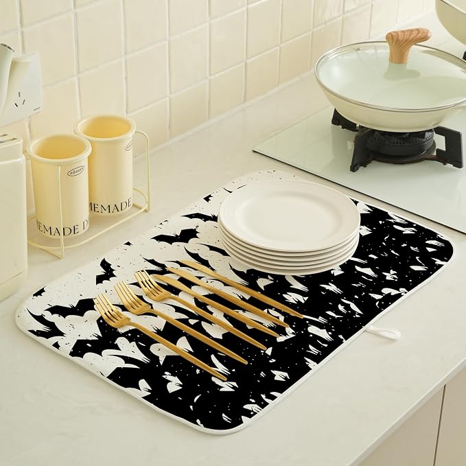 Halloween Bats Dish Drying Mat for Kitchen Counter 18x24 Inch Polka Dots Dish