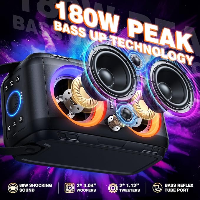 W-KING Party Loudest Portable Bluetooth Speaker Wireless Boom Box, 180W Max Big