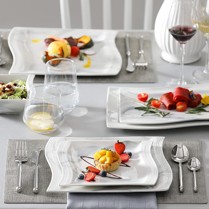 MALACASA 26-Piece Marble Grey Square Dinnerware Sets, Flora Porcelain Dinner Set