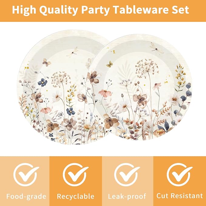 96 Pcs Wildflower Party Decorations, Floral Tableware Set | Serves 24 guests