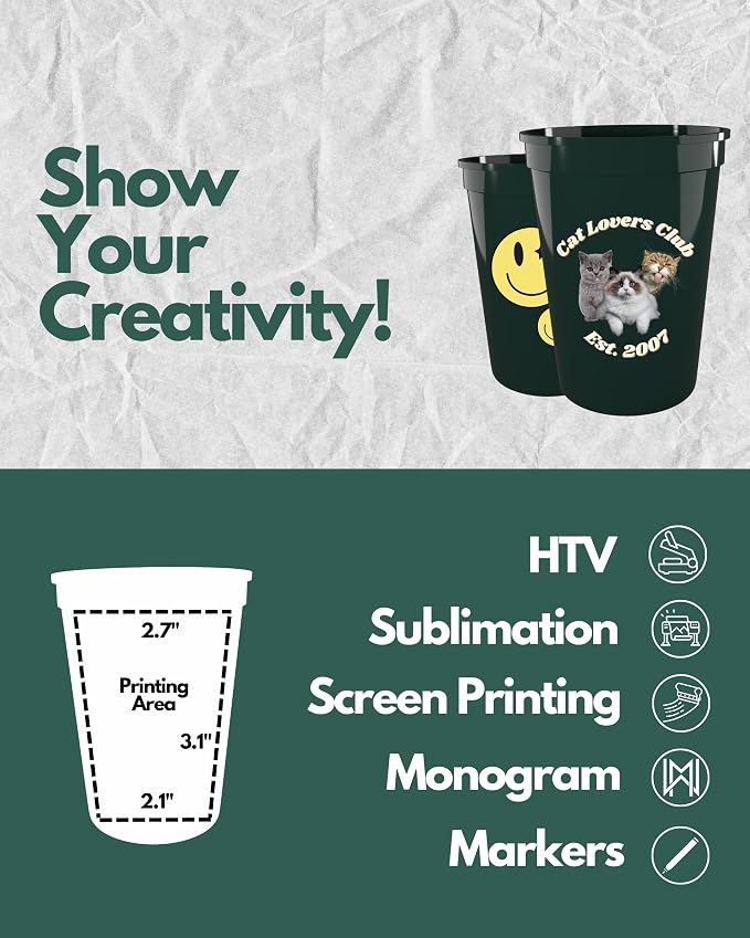 PartyPrints 100 Pack Small 10 to 12 oz Dark Green Reusable Blank Plastic Cups