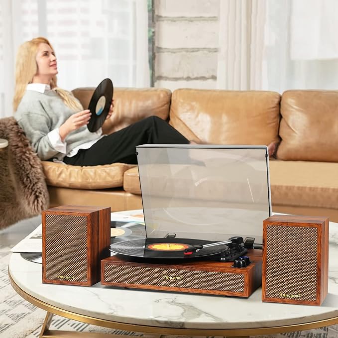 Vinyl Record Player with External Speakers, 3 Speed Bluetooth Turntable