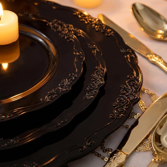 U-QE 100PCS Black Plastic Plates, Heavy Duty Black Plates Including 50PCS 10''