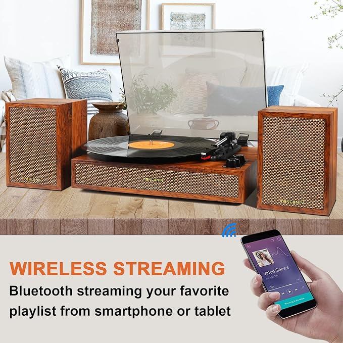 Vinyl Record Player with External Speakers, 3 Speed Bluetooth Turntable