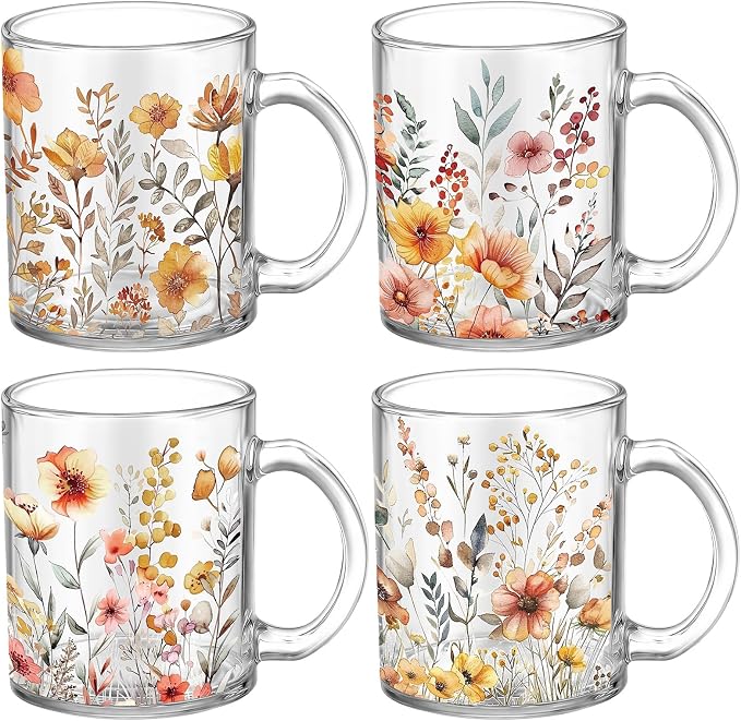 Tioncy 4 Pcs Fall Floral Coffee Mugs 12 oz Flower Glass Cups