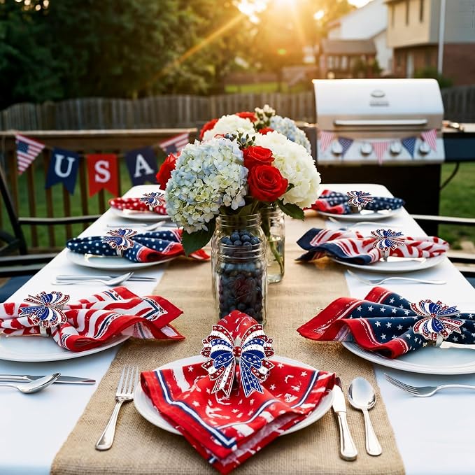 Geiserailie 6 Pieces Patriotic Napkin Rings 4th of July Bow Napkin Ring Holder