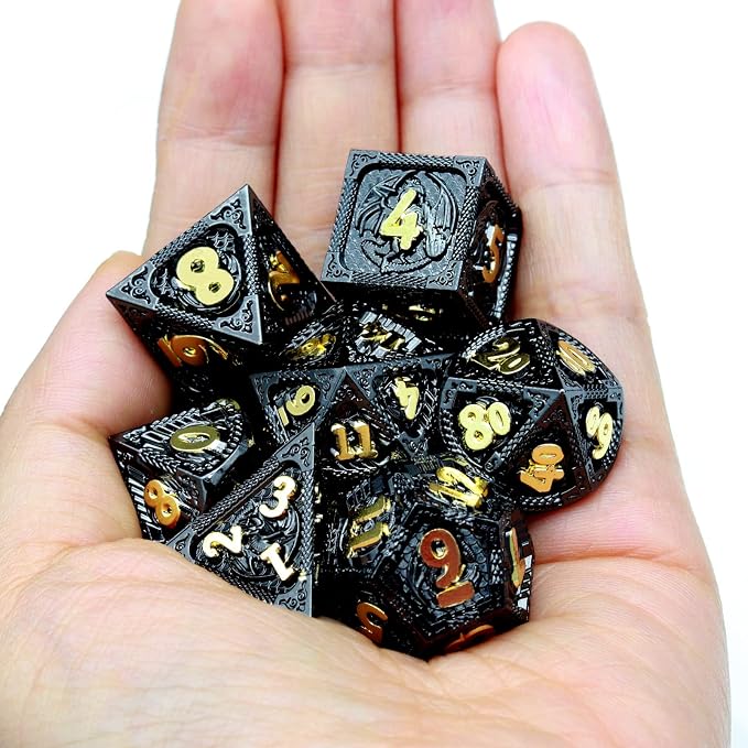 Haxtec Metal DND Dice Set Black Gold Metal D&D Dice