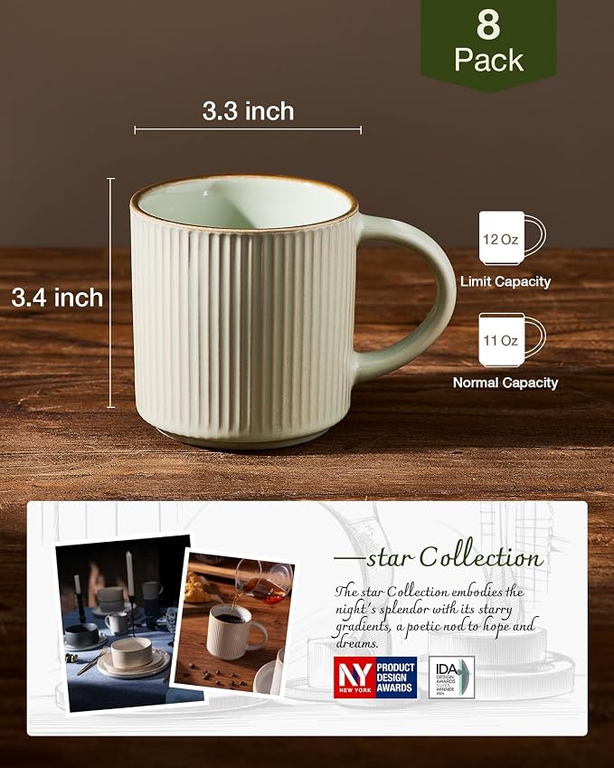famiware Star Coffee Mug Set for 8, Handcrafted 12 oz Ceramic Stoneware Mugs