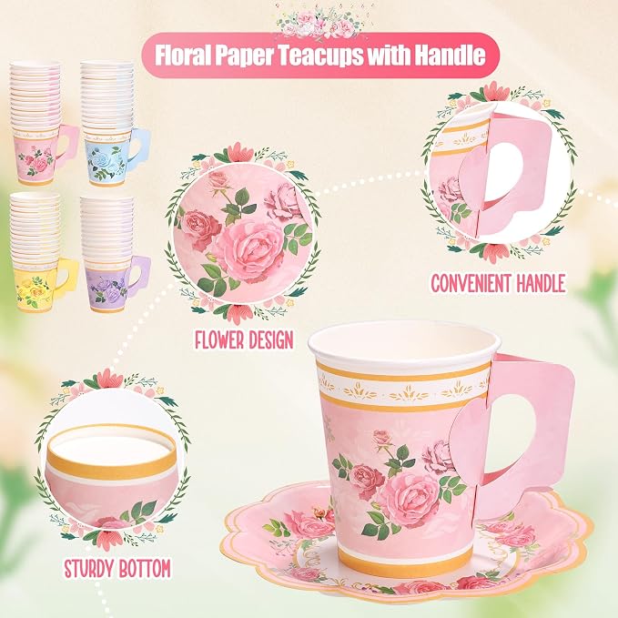 Kochorie 120 Pcs Floral Paper Tea Cups and Saucers 9 Oz Disposable Teacups Bulk