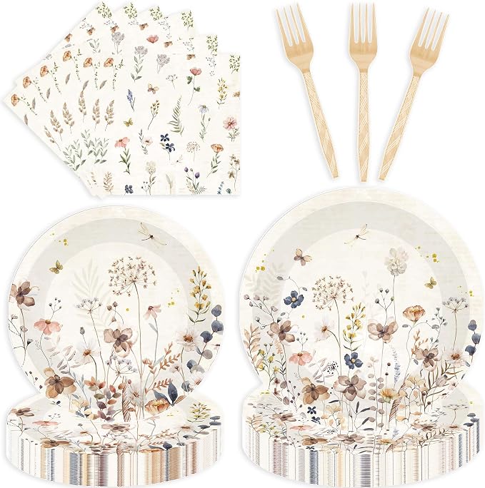 96 Pcs Wildflower Party Decorations, Floral Tableware Set | Serves 24 guests