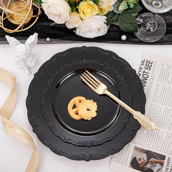 U-QE 100PCS Black Plastic Plates, Heavy Duty Black Plates Including 50PCS 10''