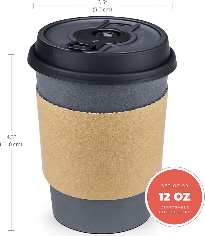 Disposable Coffee Cups With Lids and Sleeves, 12 oz