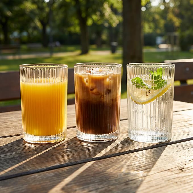 Set of 6 Large capacity Ribbed Glassware, 17oz Vintage Clear Glass Tumbler