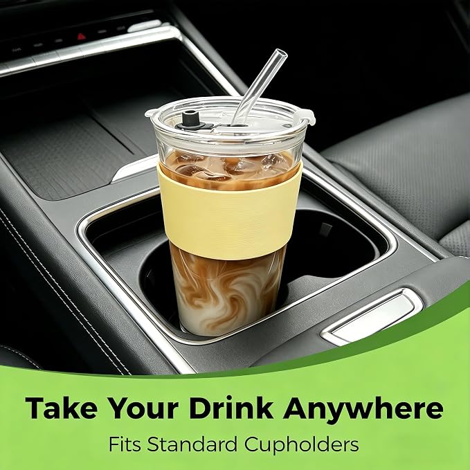 Birity 16oz Glass Cups with Lids and Straws, Glass tumbler With Straw and