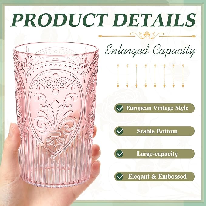 48 Pcs 16 oz Plastic Vintage Drinking Glasses Stemless Ribbed Highball Glasses