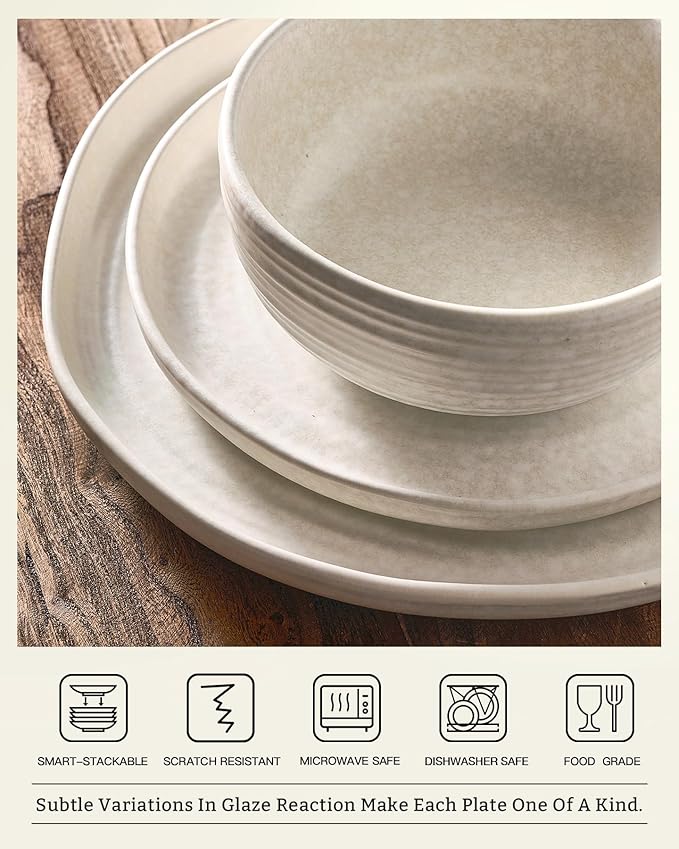 Famiware Pluto 12-Piece Stoneware Dinnerware Set, Matte Beige White | Double