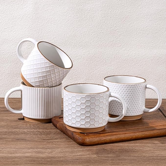 GBhome 15 OZ Stackable Coffee Mugs Set of 4, Ceramic Coffee Cups Set | 4