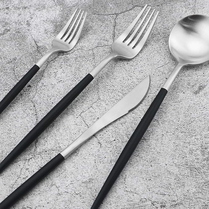 Black Handle Matte Silver Silverware Set