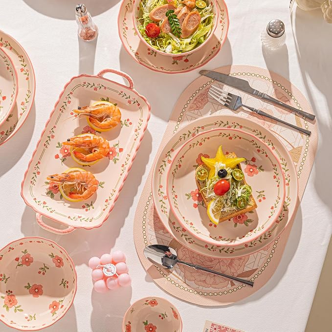 Ceramic Dinnerware Set, Floral Plates and Bowls Sets, Microwave & Dishwasher