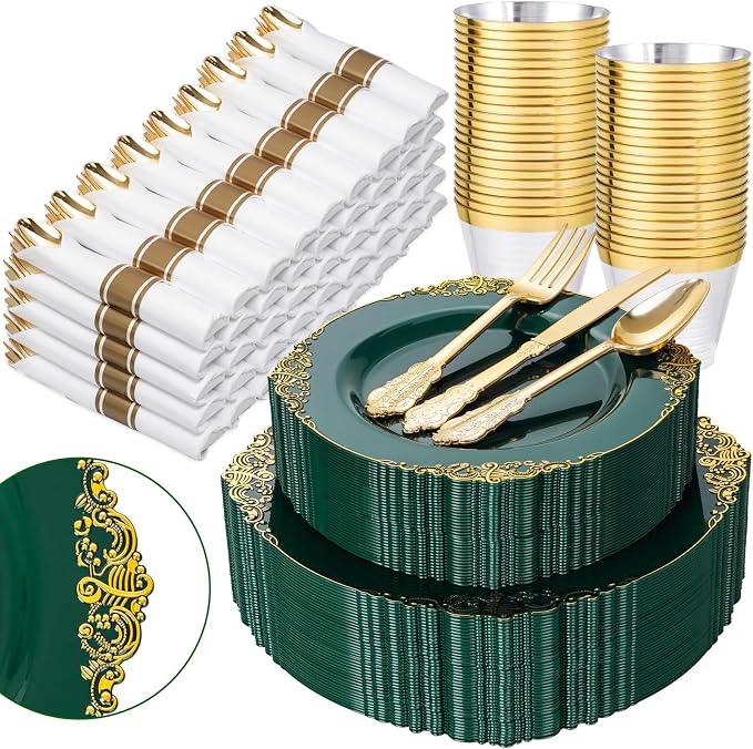Nervure 350Pcs Green Plastic Plates, Plastic Dinnerware Set