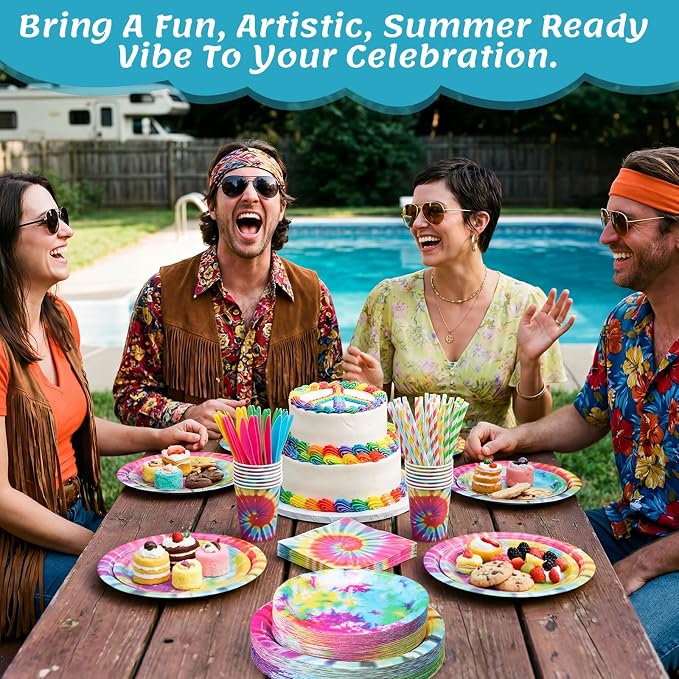 450 Pcs Tie Dye Party Tableware Set Decorations, Serves 50 | Rainbow Birthday