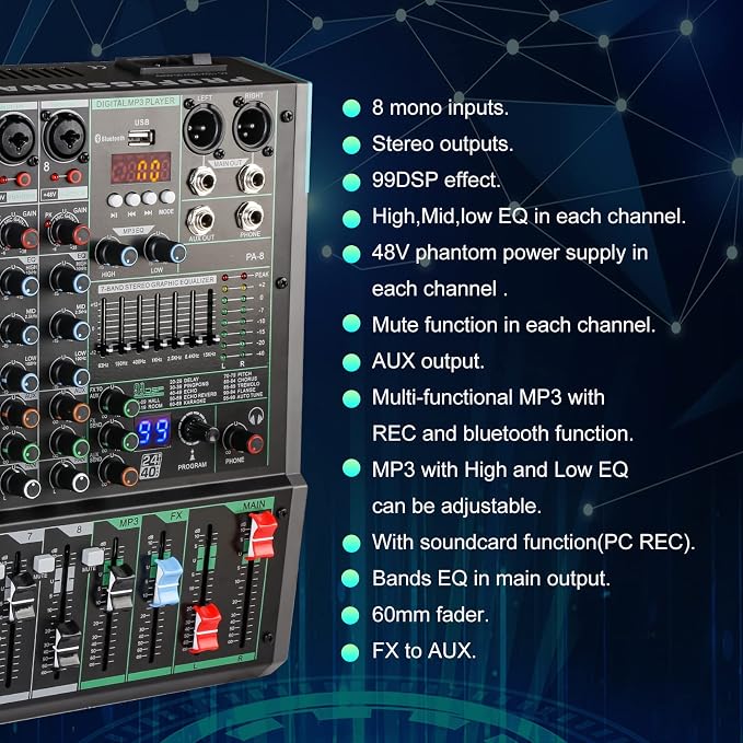 8 Channel Dj Mixer, Dj Board for Pa Stage systems