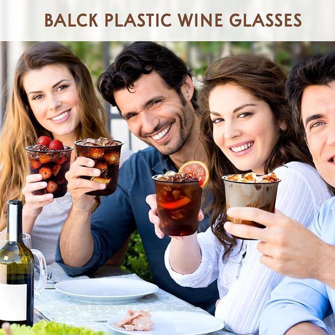 KesaPlan 100 Pcs 12oz Plastic Black Cups, Disposable Wine Cocktail Glasses |
