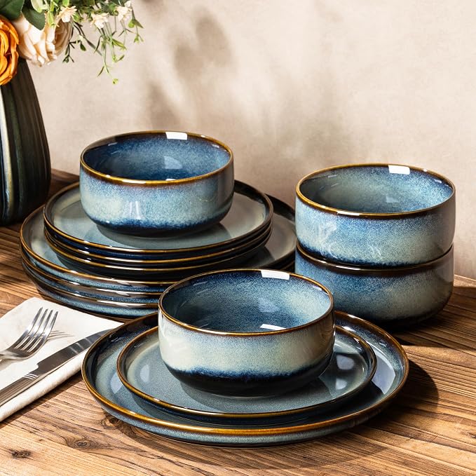 Ceramic Dinnerware Set for 4, 12-Piece Plates and Bowls Set | Handmade Reactive